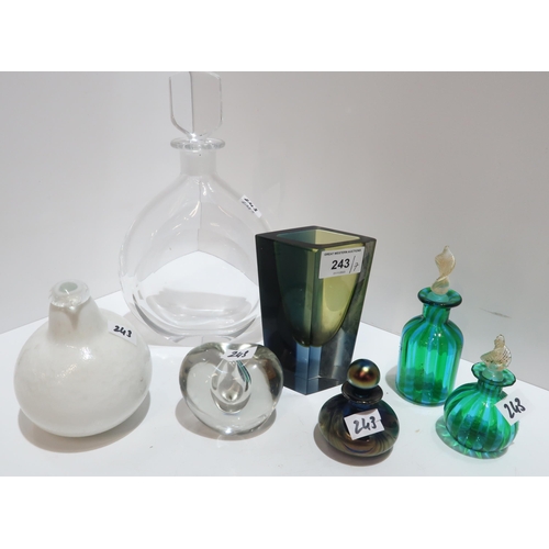 243 - A Kaj Franck Nuutajarvi glass vase, a Nuutajarvi glass bird, a Orrefors decanter, a Timo Sarpaneva v... 