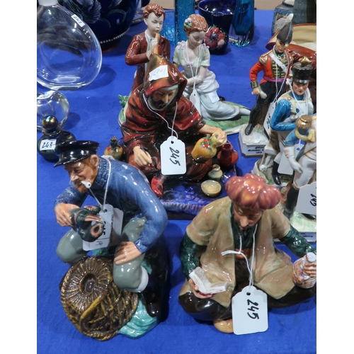 245 - Five Royal Doulton figures including Lobster Man, Omar Khayyam, The Mask Seller, The Potter, and ass... 