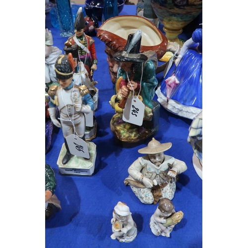 245 - Five Royal Doulton figures including Lobster Man, Omar Khayyam, The Mask Seller, The Potter, and ass... 