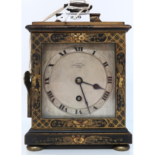 249 - A Japanned lacquer clock with silvered dial, retailed by R Stewart, Glasgow