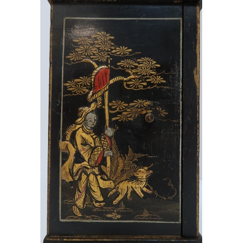 249 - A Japanned lacquer clock with silvered dial, retailed by R Stewart, Glasgow