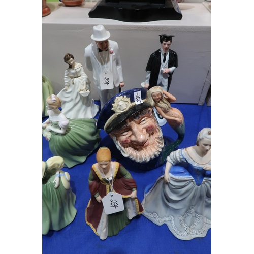 254 - A collection of Royal Doulton figures including Winston Churchill and The Graduate, a character jug ... 