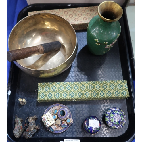 262 - A brass singing bowl, assorted cloisonne, a Japanese doll in case etc