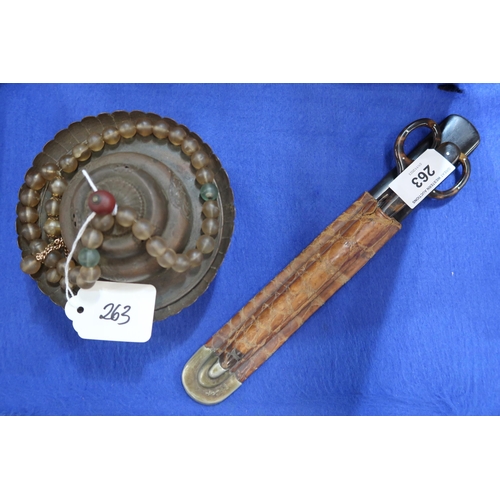 263 - A Tibetan lidded bowl, glass beads and a tortoishell page turner, letter opener and scissors in leat... 