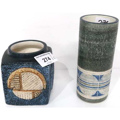 274 - A Troika pottery marmalade jar by Avril Bennett and a cylindrical vase by Louise Jinks