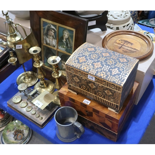 278 - A brass Florentine oil lamp with reflector, a pair of brass candlesticks, a set of postage scales, a... 