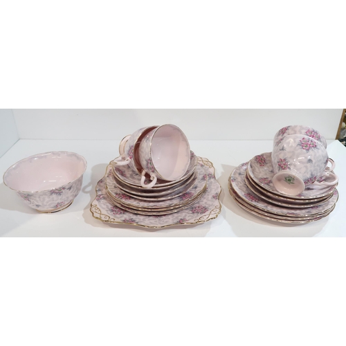 282 - A Tuscan part teaset with bright pink flowers on a pale pink ground