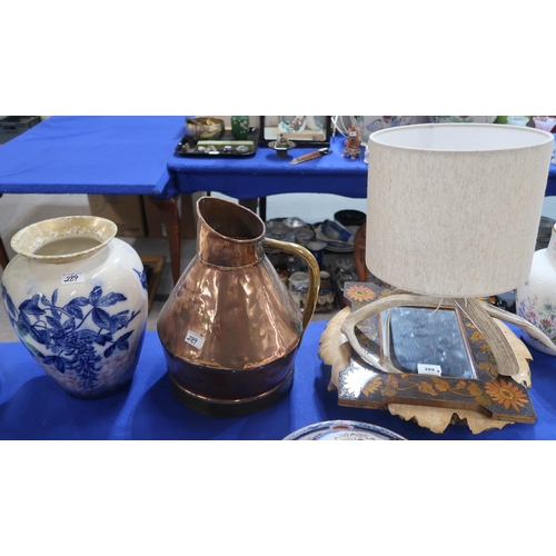 289 - A burr wood bowl, a flower decorated pokerwork framed mirror together with an antler table lamp, cop... 