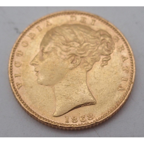 401 - VICTORIA 1868 SOVEREIGN  obverse; young uncrowned portrait of Queen Victoria left, legend ... 