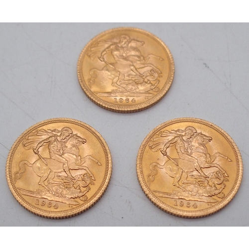 412 - ELIZABETH II sovereign coins a lot comprising three Elizabeth II sovereign coins each dated 1964 24 ... 