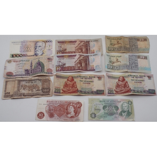 414 - Bank notes with Bank of Scotland £1, Bank of England 10 shillings, Central Bank of Egypt 200 P... 