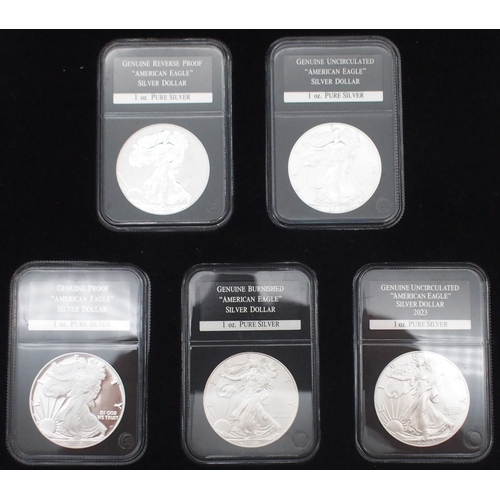 420 - The complete set of American eagle silver dollars coin set. Five coins dating 2008, 2013, 2015, 2016... 