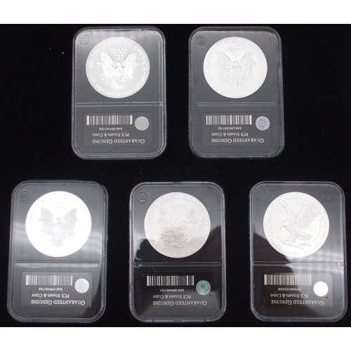 420 - The complete set of American eagle silver dollars coin set. Five coins dating 2008, 2013, 2015, 2016... 