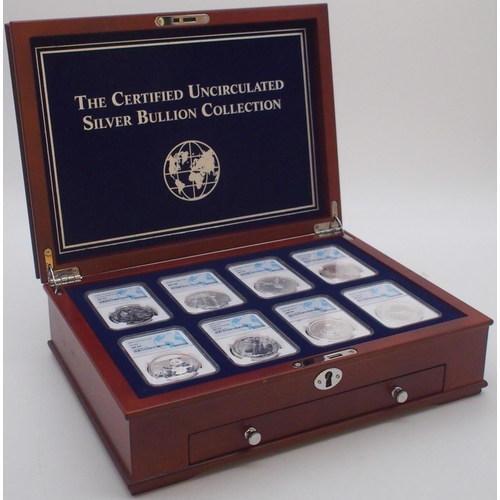 422 - The Certified Uncirculated Silver Bullion Collection, eight coins in a wood collector's cabinet .&nb... 