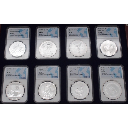 422 - The Certified Uncirculated Silver Bullion Collection, eight coins in a wood collector's cabinet .&nb... 