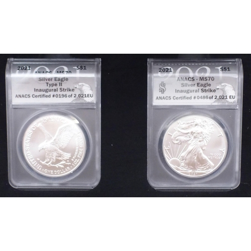 428 - US Silver Eagle Dollar Inaugural Strike 2021 and Silver Eagle Dollar Type II 2021 boxed set, togethe... 