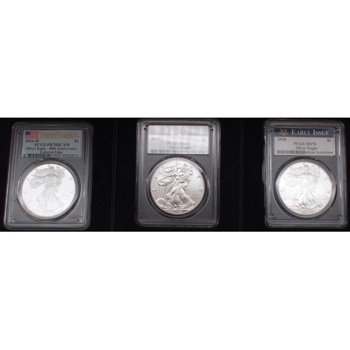 428 - US Silver Eagle Dollar Inaugural Strike 2021 and Silver Eagle Dollar Type II 2021 boxed set, togethe... 