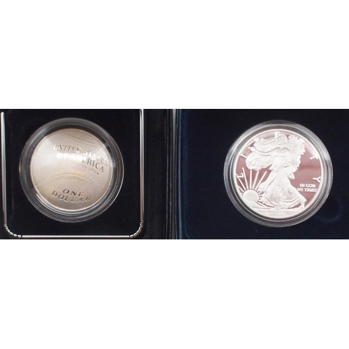 428 - US Silver Eagle Dollar Inaugural Strike 2021 and Silver Eagle Dollar Type II 2021 boxed set, togethe... 