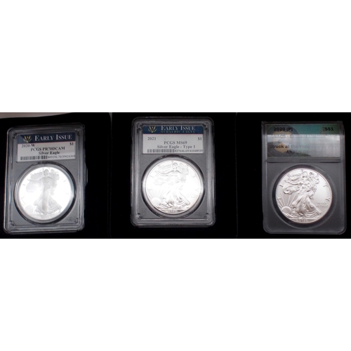 428 - US Silver Eagle Dollar Inaugural Strike 2021 and Silver Eagle Dollar Type II 2021 boxed set, togethe... 