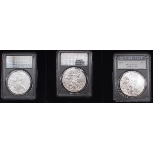 428 - US Silver Eagle Dollar Inaugural Strike 2021 and Silver Eagle Dollar Type II 2021 boxed set, togethe... 