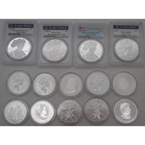 430 - A lot comprising various silver coins with US First Strike Dollars, White Greyhound of Richmond 2 oz... 