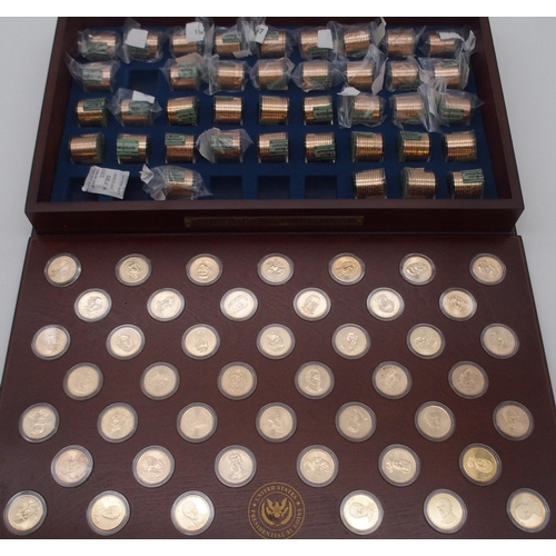 437 - The Sacagawea $1 dollar Coins part set in wood collectors case, The United States Presidential $1 co... 