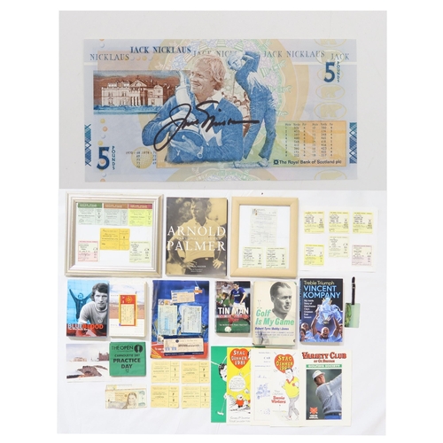 494 - A collection of sporting memorabilia, to include a signed Jack Nicklaus £5 note, a first edition cop... 