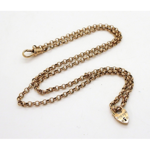 707 - A 9ct rose gold belcher chain with lobster law clasp with heart shaped pendant bearing the engraved ... 