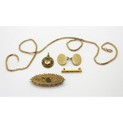 712 - A collection of 9ct and yellow metal to include a 9ct box chain, length 52cm, single cufflink, brooc... 