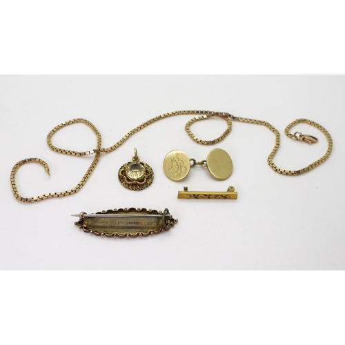 712 - A collection of 9ct and yellow metal to include a 9ct box chain, length 52cm, single cufflink, brooc... 