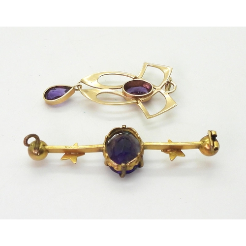 713 - An Art Nouveau 9ct gold amethyst pendant, length 4.2cm, together with an (af) brooch and a partial f... 