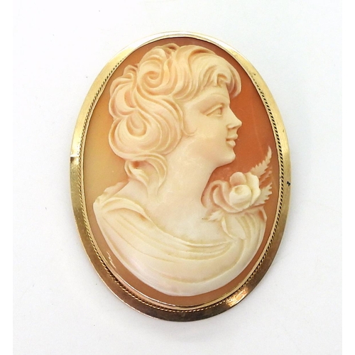 722 - A large shell cameo, in a 14k pendant brooch mount, dimensions 5cm x 3.8cm, weight 9.2gms