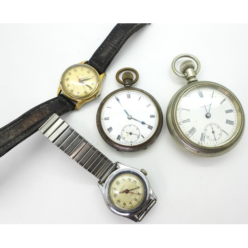 822 - Two base metal pocket watches to include a Waltham, a vintage Ritma watch and a Generic Swiss made w... 