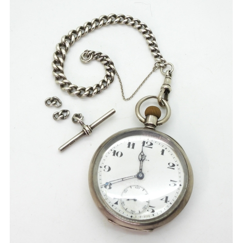 825 - A silver Omega open face pocket watch, monogramed to the back cover, with London import marks for 19... 