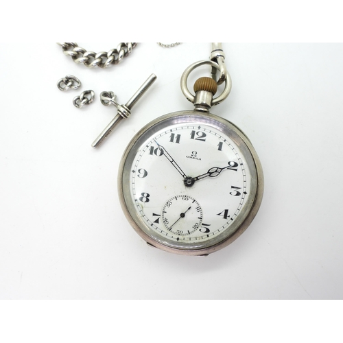 825 - A silver Omega open face pocket watch, monogramed to the back cover, with London import marks for 19... 