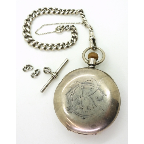 825 - A silver Omega open face pocket watch, monogramed to the back cover, with London import marks for 19... 