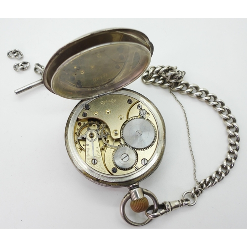 825 - A silver Omega open face pocket watch, monogramed to the back cover, with London import marks for 19... 