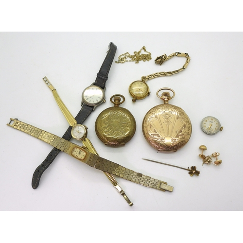 829 - Two and a half pairs of yellow metal earrings and a shamrock stick pin, weight 3gms, two Edwardian g... 