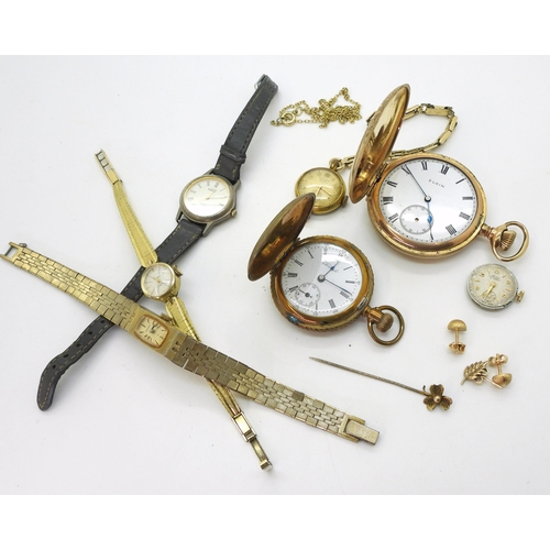 829 - Two and a half pairs of yellow metal earrings and a shamrock stick pin, weight 3gms, two Edwardian g... 