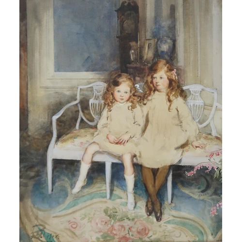 901 - BRITISH SCHOOL two daughters seated in an interior, monogrammed, watercolour, dated 1907 56 x 4... 