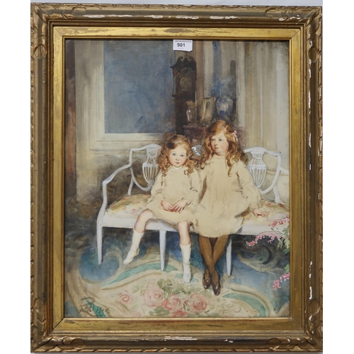 901 - BRITISH SCHOOL two daughters seated in an interior, monogrammed, watercolour, dated 1907 56 x 4... 