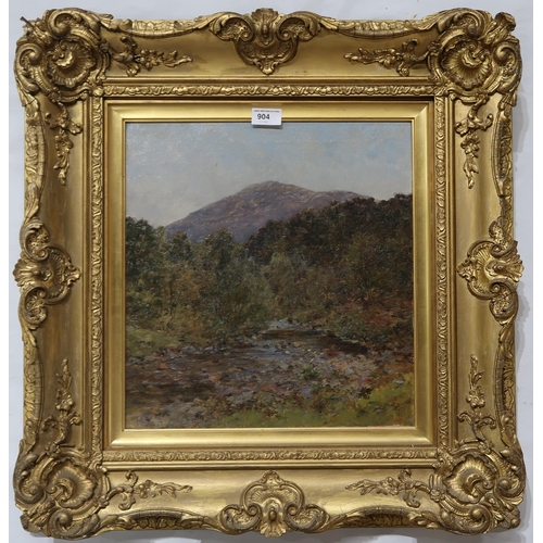 904 - ANDREW KELLOCK BROWN Woodland stream before a mountain, monogrammed, oil on canvas, 40 x 38cm... 