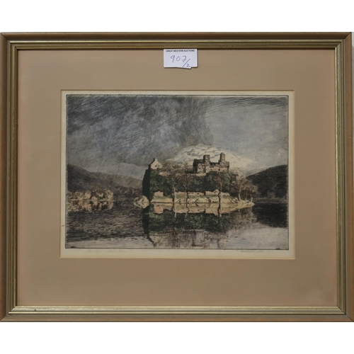 907 - GEORGE HOUSTON Glen Orchy, signed, colour etching, 20 x 27cm and Kilchurn Castle, 20 x 27cm (2)... 