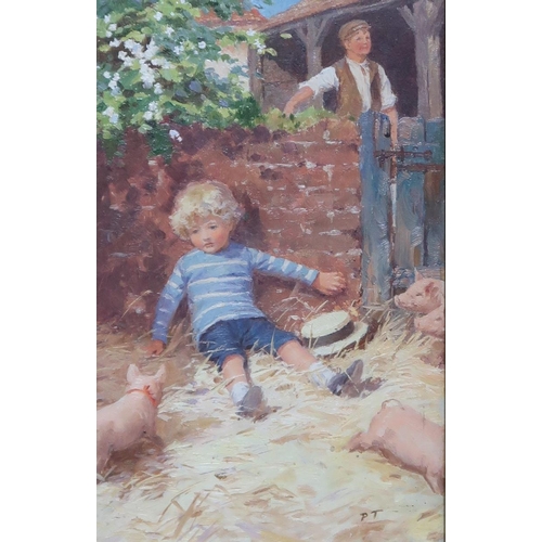 908 - MANNER OF PERCY TARRANT Child with piglets, monogrammed oil on board, 22 x 13cm... 