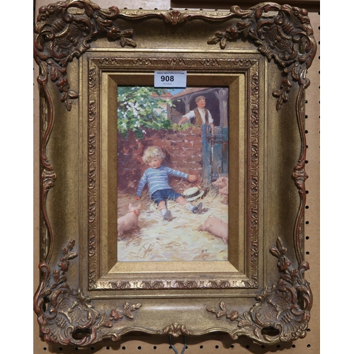 908 - MANNER OF PERCY TARRANT Child with piglets, monogrammed oil on board, 22 x 13cm... 