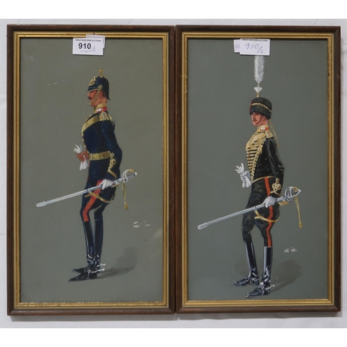 910 - C.L British officers in profile, monogrammed, gouache, 34 x 18cm (2)