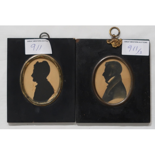 911 - BRITISH SCHOOL (19th century)Silhouette profile portraits, 14 x 9cm and two portrait heads ... 