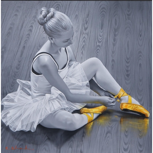 919 - CHUNG SHEK, Yellow shoes, oil on canvas, signed lower left, 57 x 57cm