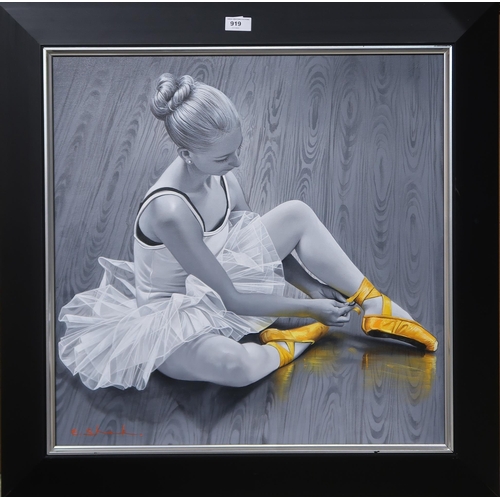 919 - CHUNG SHEK, Yellow shoes, oil on canvas, signed lower left, 57 x 57cm