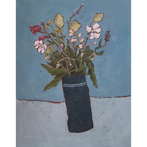 920 - JANE HOOPER (ENGLISH b.1968), Wild flower in blue pot, oil on canvas, 73 x 60cm, signed and titled v... 